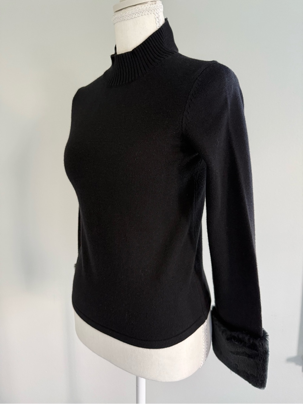 Janie and Jack Black Ribbed Mock Neck Sweater with Faux Fur Cuffs - Picture 4 of 8